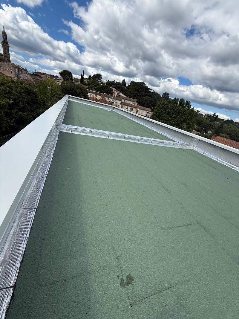 Toiture-terrasse en étanchéité bitume verte avec relevés et couvertine